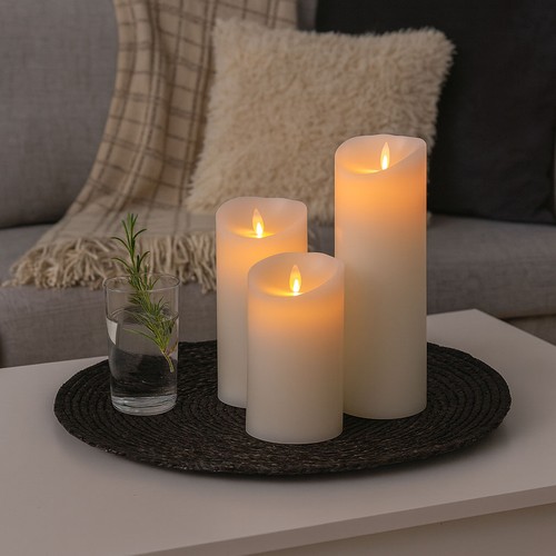 LED Blokklys XL, 3 stk, Ø10cm, 17,5/22,5/30cm høy, bevegelig flamme, hvit - Inkl. fjernkontroll og timer, ekte stearin