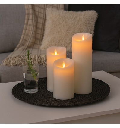 LED Blokklys XL, 3 stk, Ø10cm, 17,5/22,5/30cm høy, bevegelig flamme, hvit - Inkl. fjernkontroll og timer, ekte stearin