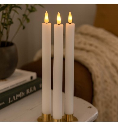 3-pakning hvite LED stearinlys, flammeeffekt - Ø2,2cm, Høyde: 24,5cm, stagelys, inkl. fjernkontroll, timer, batteri
