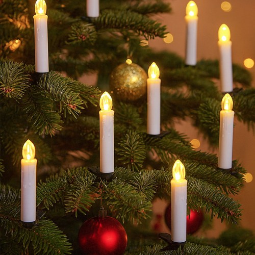 10-pakning LED julelys inkl. fjernkontroll - Batteri, tidsurfunksjon, trådløs, holder til juletre
