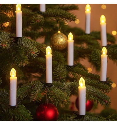 10-pakning LED julelys inkl. fjernkontroll - Batteri, tidsurfunksjon, trådløs, holder til juletre