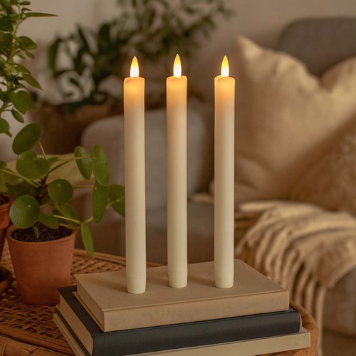 3-pakning hvite LED stearinlys, flammeeffekt - Ø2,2cm, Høyde: 24,5cm, kronelys, inkl. fjernkontroll, timer