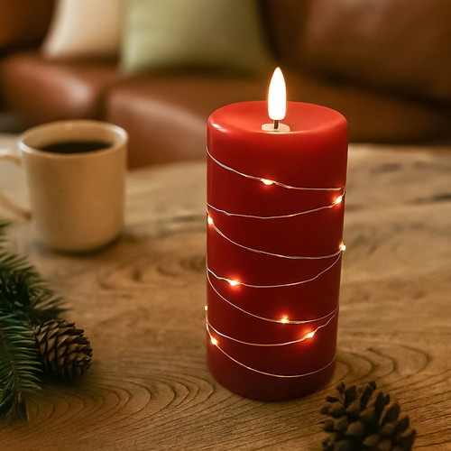 LED Blokklys med lyslenke, 15cm høy, flammeeffekt - Ø7,5cm, fungerer m. fjernkontroll, ekte stearin, rød
