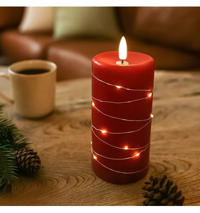 LED Blokklys med lyslenke, 15cm høy, flammeeffekt - Ø7,5cm, fungerer m. fjernkontroll, ekte stearin, rød