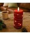 LED Blokklys med lyskjede, 15cm høy, flammeeffekt - Ø7,5cm, virker m. fjernkontroll, ekte stearin, rød