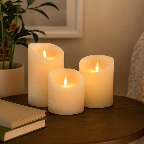 LED Blokklys Ø10cm, 3 stk, bevegelig flamme, hvit - Inkl. fjernkontroll og timer, 10/12,5/15cm høy, ekte stearin