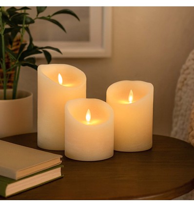 LED Blokklys, 3 stk, bevegelig flamme, hvit - Inkl. fjernkontroll og timer, 10/12,5/15cm høy, Ø10cm, ekte stearin