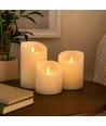 LED Blokklys Ø10cm, 3 stk, bevegelig flamme, hvit - Inkl. fjernkontroll og timer, 10/12,5/15cm høy, ekte stearin
