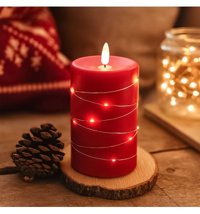 LED blokklys med lyskjede, 12,5cm, flammeeffekt - Ø7,5cm, rød