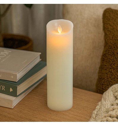 LED XL Blokklys 30cm høy, flammeeffekt, hvit - Ø10cm, 30cm høy, fungerer m. fjernkontroll, timer, ekte stearin