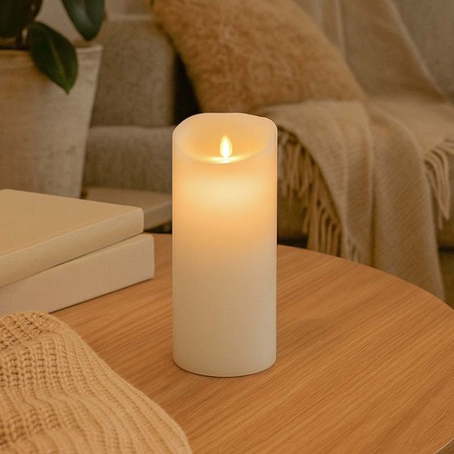 LED XL Blokklys 22,5cm høy, flammeeffekt, hvit - Ø10cm, 22,5cm høy, fungerer m. fjernkontroll, timer, ekte stearin