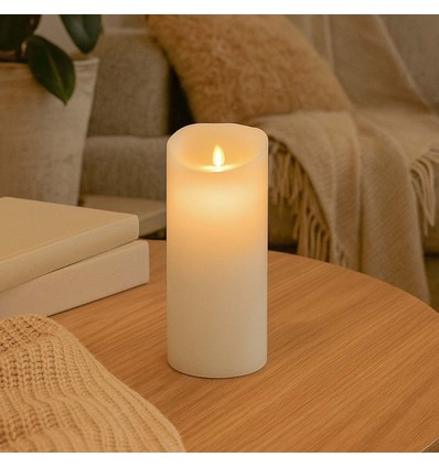 LED XL Blokklys 22,5cm høy, flammeeffekt, hvit - Ø10cm, 22,5cm høy, fungerer m. fjernkontroll, timer, ekte stearin