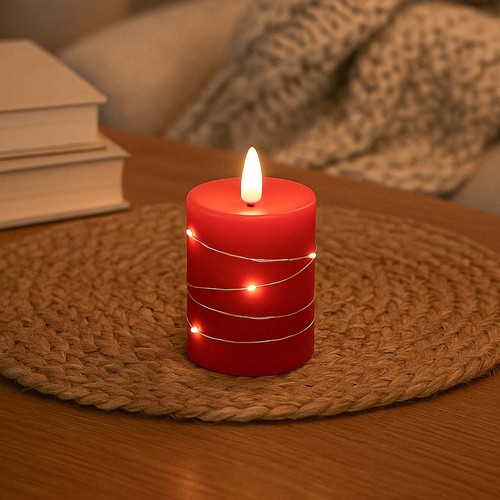 LED blokklys med lyskjede, 10cm, flammeeffekt - Ø7,5cm, rød