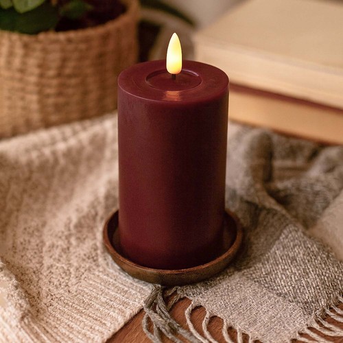 LED Blokklys 12,5cm høy, smelte-utseende, flammeeffekt - Ø7,5cm, fungerer med fjernkontroll, ekte stearin, burgunderrød