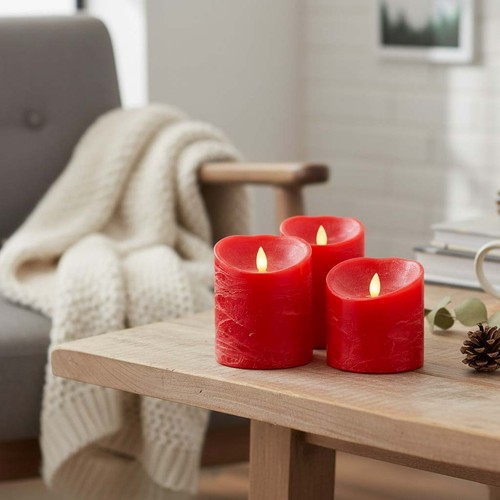 LED Blokklys Ø10cm, 3 stk, bevegelig flamme, rød - Inkl. fjernkontroll og timer, 10/12,5/15cm høy, ekte stearin