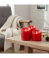 LED Blokklys Ø10cm, 3 stk, bevegelig flamme, rød - Inkl. fjernkontroll og timer, 10/12,5/15cm høy, ekte stearin