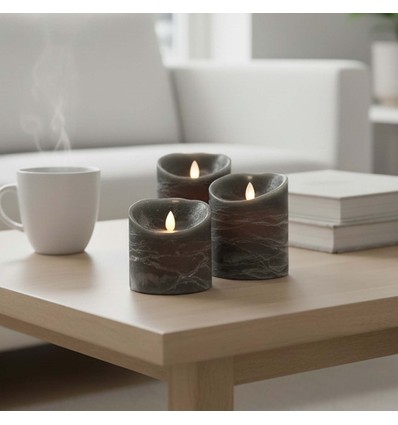 LED Blokklys, 3 stk, bevegelig flamme, svart - Inkl. fjernkontroll og timer, 10/12,5/15cm høy, Ø10cm, ekte stearin