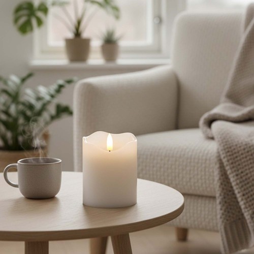 LED Blokklys 10cm høy, flammeeffekt, hvit - Ø7,5cm, 10cm høy, fungerer med fjernkontroll, ekte stearin