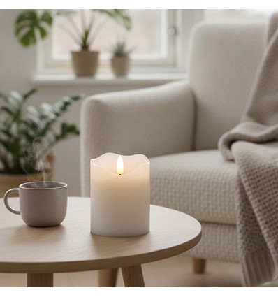 LED Blokklys 10cm høy, flammeeffekt, hvit - Ø7,5cm, 10cm høy, fungerer med fjernkontroll, ekte stearin