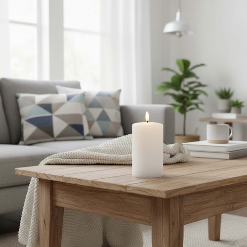 LED Blokklys 12,5cm høy, smelte-utseende, flammeeffekt - Ø7,5cm, 12,5cm høy, fungerer m. fjernkontroll, timer, ekte stearin