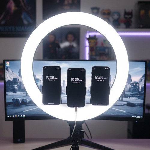 LED Ring light med stativ - 55W, Ø44cm, 3 telefonholdere, fjernkontroll, 3200K-5800K