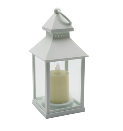 LED lanterne med flammeeffekt - Hvit, firkantet, batteri, IP54 innendørs/utendørs