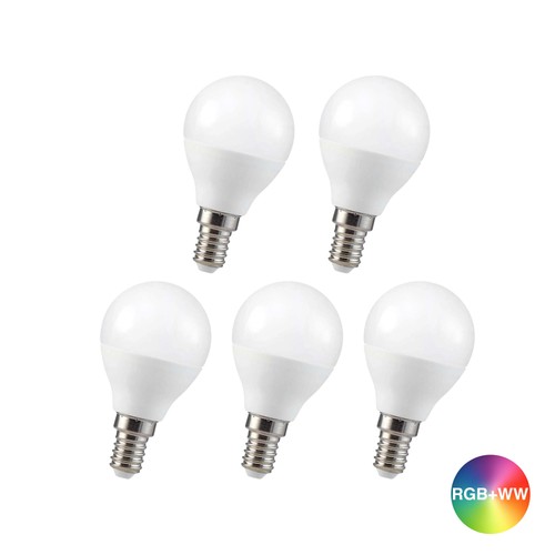 5 stk. RGBW LED Pære - 4,8W, RF fjernkontroll, dimbar, E14
