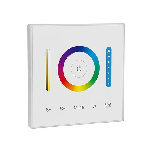 3-i-1 veggcontroller til RGB / RGBW / RGB+CCT - 12V-24V, RF 2.4GHz, 86x86mm, hvit, touch panel