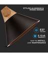 Ø26cm pendel i aluminium med tretopp - E27 sokkel, max 60W, sort, uten lyskilde