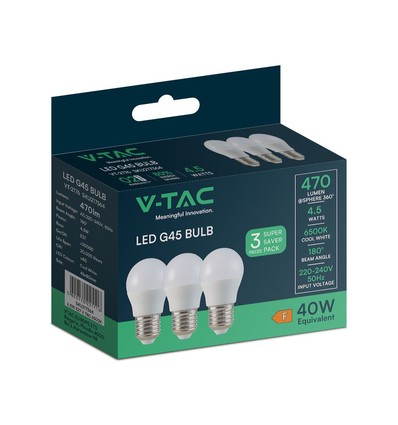 3 stk. E27 4,5W LED kronepærer - G45, 4000K, hvitt glass, 3-pak