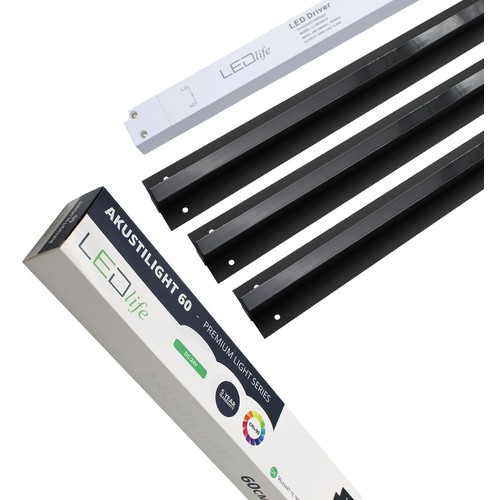 Sort Troldtekt LED Skinnesett 3x60 cm - Planforsenket, Akustilight inkl. ledninger og driver