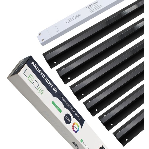 Sort Troldtekt LED Skinnesett 6x60 cm - Planforsenket, Akustilight inkl. ledninger og driver