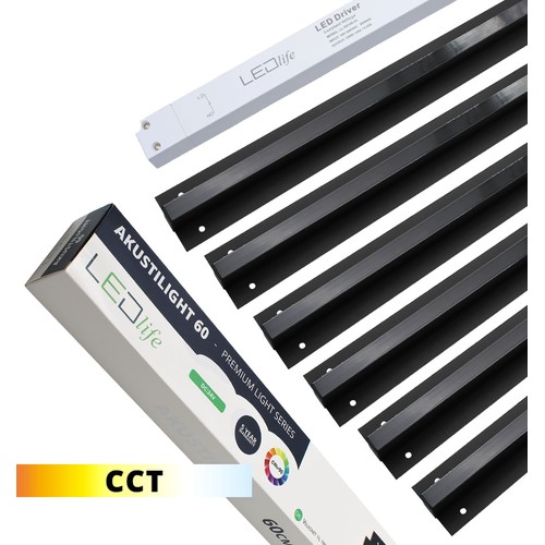 Sort Troldtekt CCT LED Skinnesett 6x60 cm - Planforsenket, Akustilight inkl. ledninger og driver