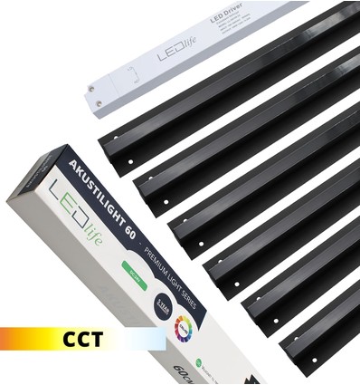 Sort Troldtekt CCT LED Skinnesett 6x60 cm - Planforsenket, Akustilight inkl. ledninger og driver