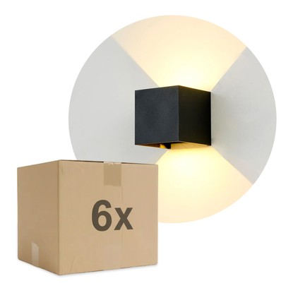 6 stk. 6W CUBIC PRO vegglampe - IP65, sort, viderekobling, justerbar, firkantet, opp/ned, inne/ute, inkl. lyskilde