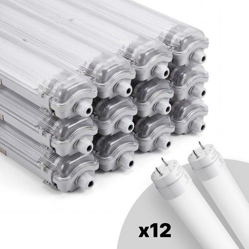 12 stk. Limea T8 LED dobbeltarmatur - Inkl. 24 stk. 24W 150cm LED-rør, IP65 vanntett