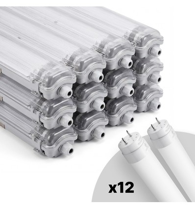12 stk. Limea T8 LED dobbeltarmatur - Inkl. 24x18,5W 120cm LED-rør, IP65 vanntett