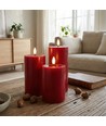 LED blokklys Ø7,5cm, 3stk, smelte-look, flammeeffekt - bordeauxrød