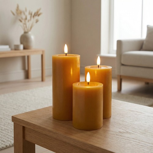 Sett med 3 stk. LED-kubbelys, brun - Ø7,5cm, 10/12,5/15cm høy, fungerer m. fjernkontroll, timer, ekte stearin