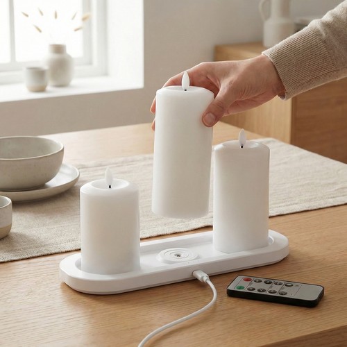 3-pak hvite LED blokklys inkl. ladebase - Ø7,5cm, 10/12,5/15 cm høy, inkl. fjernk., timer