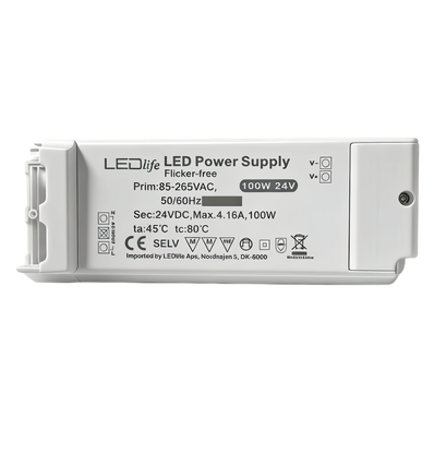 100W / 24V DC strømforsyning - 4,16A, IP20 innendørs, Flicker free