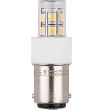 BA15d 2W LED rørpære, 10-30V - 4,7cm, 190lm, klart glass, 2700K