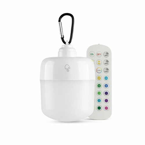 Oppladbar RGBW LED-lampe - Magnetisk & USB-C, inkl. fjernkontroll & karabinkrok