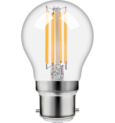 B22d 4,7W dimbar LED kronepære - G45, filament, 470lm, 2500K, klart glass
