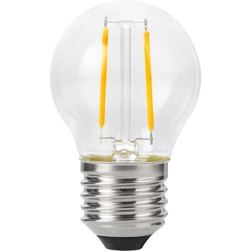 E27 2W dimbar LED kronepære - G45, filament, 2500K, klart glass