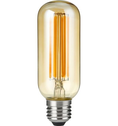 E27 6,5W dimbar LED-rørpære - 13cm, filament, 2200K, gyllent glass