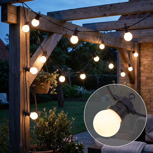 5m LED-lyslenke med 10 stk. pærer - Varmhvit farge, IP44, 230V, 0,5W pærer