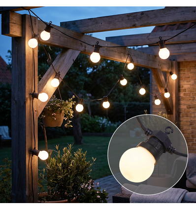 5m LED-lyslenke med 10 stk. pærer - Varmhvit farge, IP44, 230V, 0,5W pærer