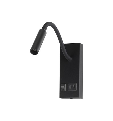 V-Tac 3W LED sengelampe med USB/PD-lading - CREE chip, sort, 3000K, inkl. lyskilde