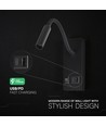 V-Tac 3W LED sengelampe med USB/PD-lading - CREE chip, sort, 3000K, inkl. lyskilde